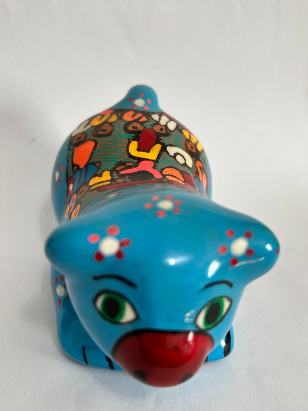 Hand Painted Mexican Talavera Cat Figurine Blue Floral Pottery Blacklight glow
